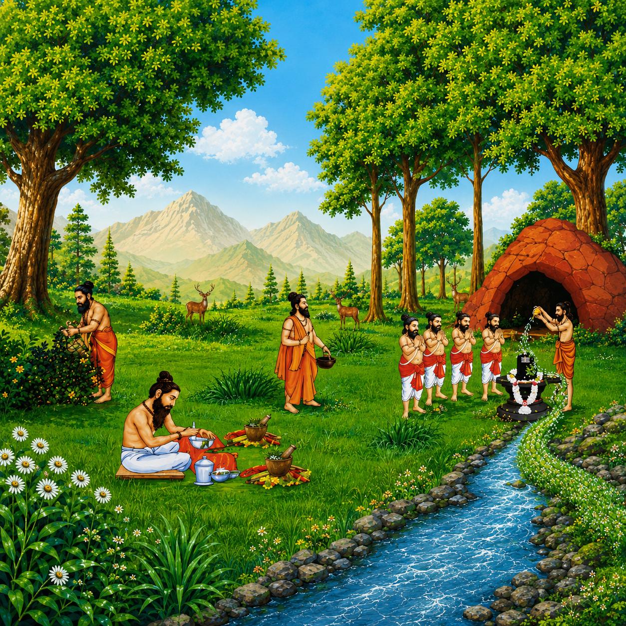 Sacred Shiva temple with herbs and oil lamps